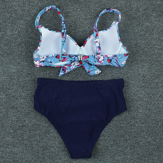 Olive green floral print bikini top with tie-front and solid high-waisted ruched bottoms on a grey background. - Image 21