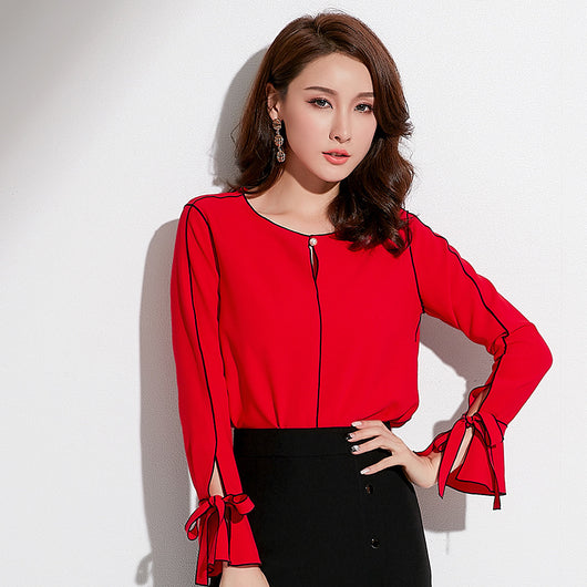 Blusa Elegante Coreana de Manga Larga con Detalles de Cuentas y Contraste de Color