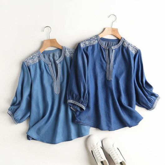 Camisa Denim Tencel Cuello V con Bordado en Hombros para Verano - Image 9