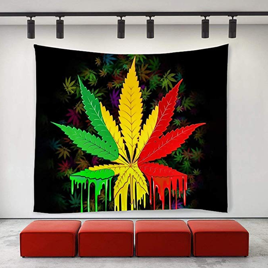 Black tapestry with a large, vibrant green, yellow, and red cannabis leaf design featuring a dripping paint effect.