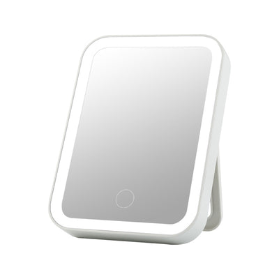 Pink LED makeup mirror with a rectangular shape, built-in lights, and a touch-sensitive power button.