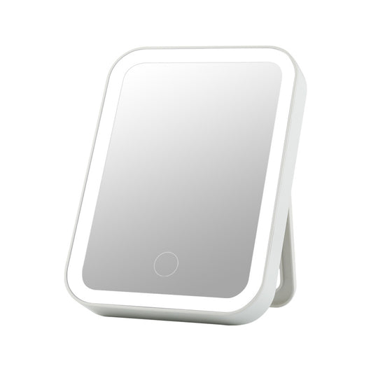 Pink LED makeup mirror with a rectangular shape, built-in lights, and a touch-sensitive power button.
