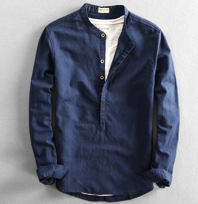 Camisa Retro de Algodón y Lino para Hombre con Cuello Mao - Pullover Primavera - Image 7