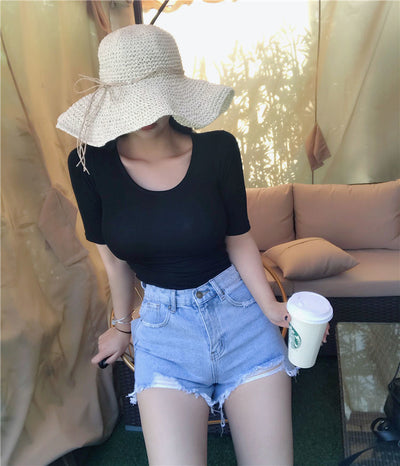 Blusa Modal Elástica Cinco Puntos - Manga Corta Mujer Color Sólido - Image 14