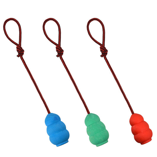 Three pet toys with red and black braided ropes and textured rubber chew ends in blue, green, and red. - Image 10