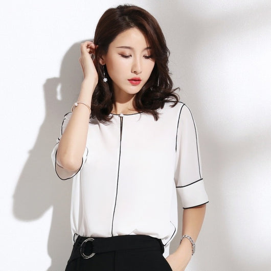 Blusa Clásica de Cuello Redondo y Manga Corta para Mujer