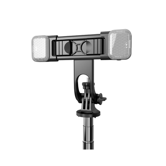 Black mobile phone fill light with two LED panels, mounted on a selfie stick adapter for portable use. - Image 8