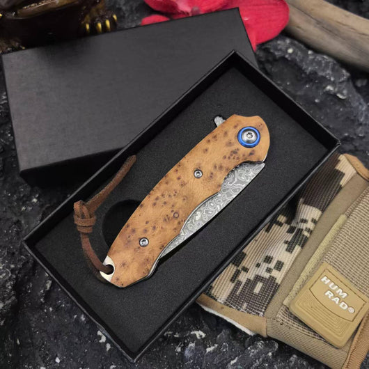Cuchillo Portátil Plegable de Acero Damasco con Mango de Madera Yaebai - Image 9