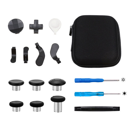 Xbox One Elite Series 2 controller accessory kit with black joysticks, silver D-pads, paddles, screwdrivers, and a storage bag. - Image 4