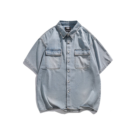 Camisa Denim Retro Estilo Japonés Manga Corta para Hombre