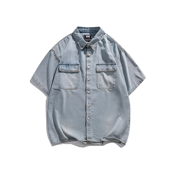 Camisa Denim Retro Estilo Japonés Manga Corta para Hombre