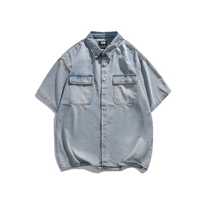 Camisa Denim Retro Estilo Japonés Manga Corta para Hombre