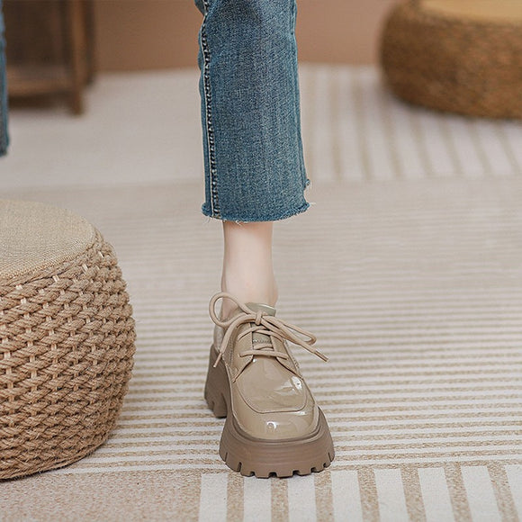 Zapatos de Cuero Estilo Británico con Cordones para Mujer
