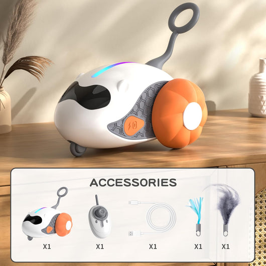 Interactive cat toy with white robotic base, orange wheels, and feather attachment, controlled by a remote, with a cat looking on. - Image 5