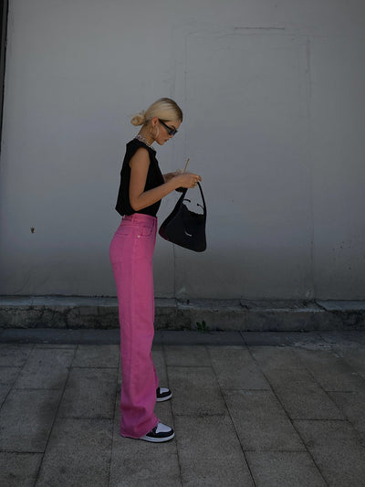 Jeans Rojos de Cintura Alta y Pierna Recta Ancha para Mujer - Image 4