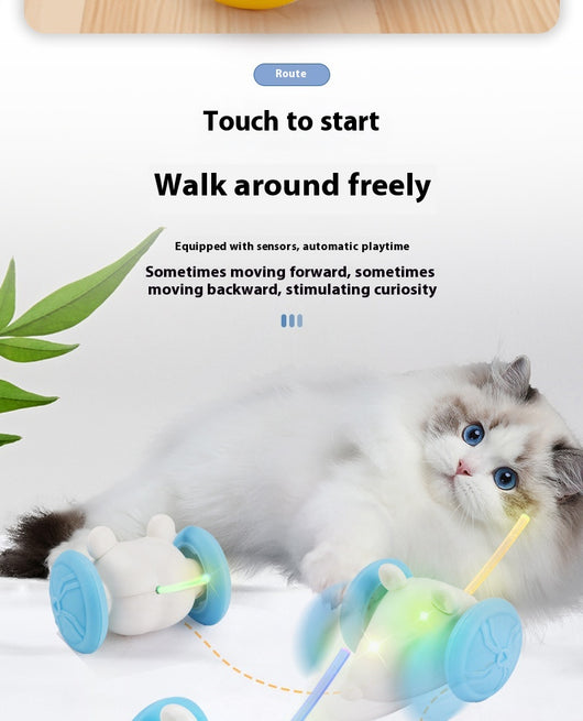 Yellow and white remote control electric mouse toy for cats, shown with its black remote and white charging cable. - Image 7