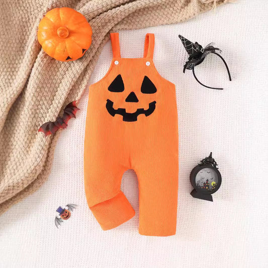 Pantalón Peto de Pana Halloween con Bordado Calabaza y Grimace para Bebé
