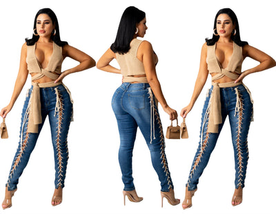 Pantalones Vaqueros Slim Elásticos con Cordón y Ojetes - Image 9