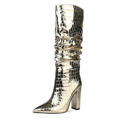 Botas Tacón Alto Grueso Caña Ancha Talla Grande con Patrón Piedra Metálica - Image 13