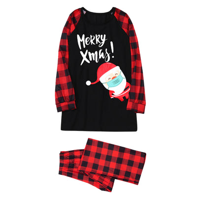 Family matching Christmas pajamas with black tops, red plaid sleeves, and Santa wearing a mask, paired with red plaid pants. - Image 22