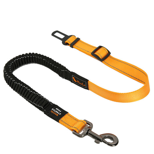 Red pet seat belt with reflective stitching, featuring a metal swivel clip and a black car seat belt buckle. - Image 5