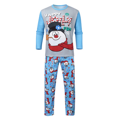 Christmas parent-child long sleeve pajamas with a snowman graphic on grey and blue tops, and patterned pants. - Image 5