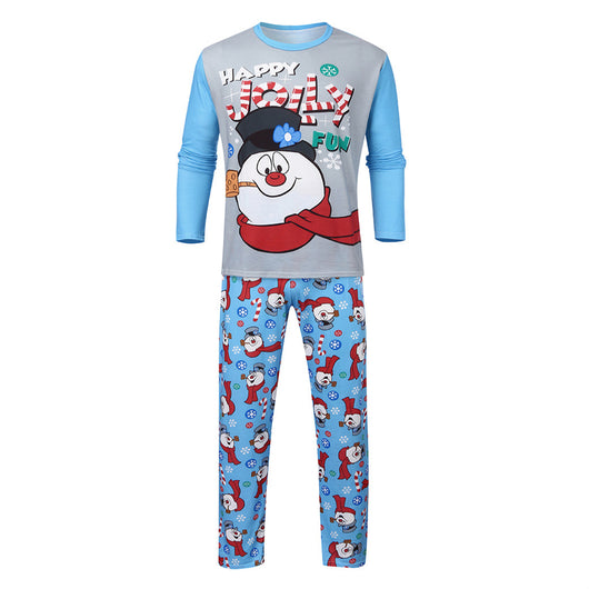 Christmas parent-child long sleeve pajamas with a snowman graphic on grey and blue tops, and patterned pants. - Image 5