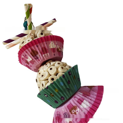 Two parrot shredding toys, shaped like cupcakes with paper straws, featuring colorful paper cups and a metal clasp. - Image 5