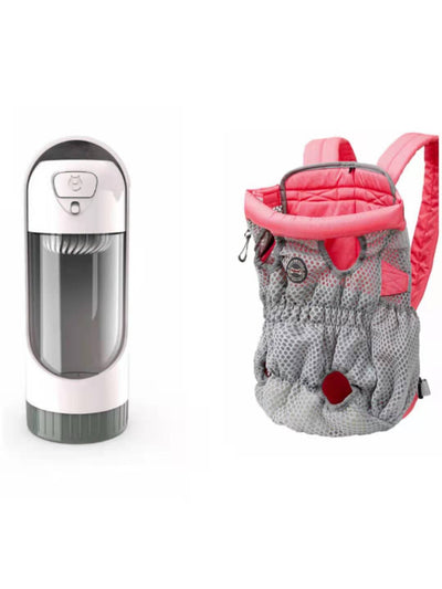 Navy blue mesh pet carrier backpack with leg holes and a light blue portable pet water bottle with a transparent reservoir. - Image 21