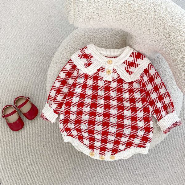 Mameluco Triangular de Punto para Bebé Niña - Diseño Cuadros Otoñal en Rojo