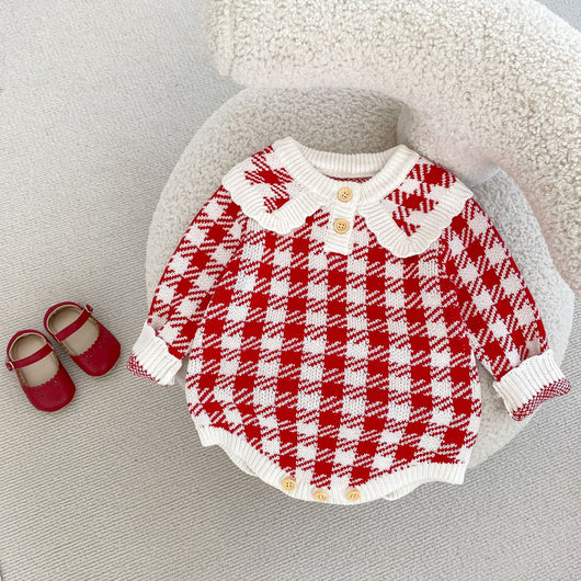 Mameluco Triangular de Punto para Bebé Niña - Diseño Cuadros Otoñal en Rojo - Image 2