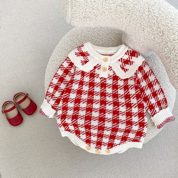 Mameluco Triangular de Punto para Bebé Niña - Diseño Cuadros Otoñal en Rojo