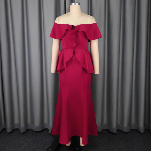 Vestido Fishtail Elegante con Volantes y Hombros Descubiertos - Image 3