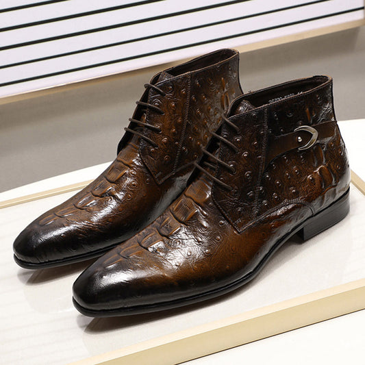 Botas Casual de Cuero Nobuk Nude con Patrón Grabado y Cierre de Cordones