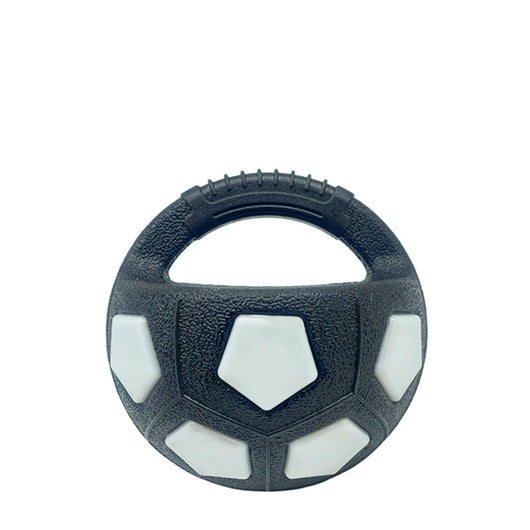 Black and white soccer ball dog toy with a textured handle, designed for interactive play and self-amusement. - Image 6
