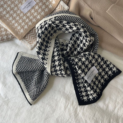 Bufanda de Lana Reversible Estilo Coreano Pata de Gallo y Olas - Tejida Doble Cara para Invierno - Image 12