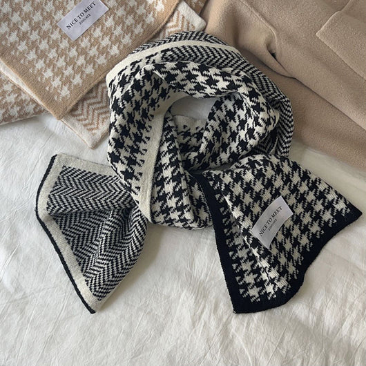 Bufanda de Lana Reversible Estilo Coreano Pata de Gallo y Olas - Tejida Doble Cara para Invierno - Image 12