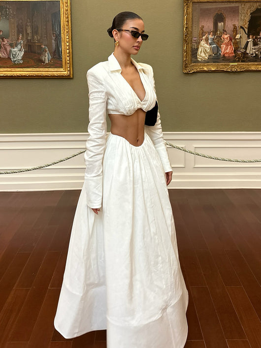 Conjunto Elegante de Dos Piezas: Blusa Corta Manga Larga con Escote Calado y Falda Maxi Cintura Alta - Image 9