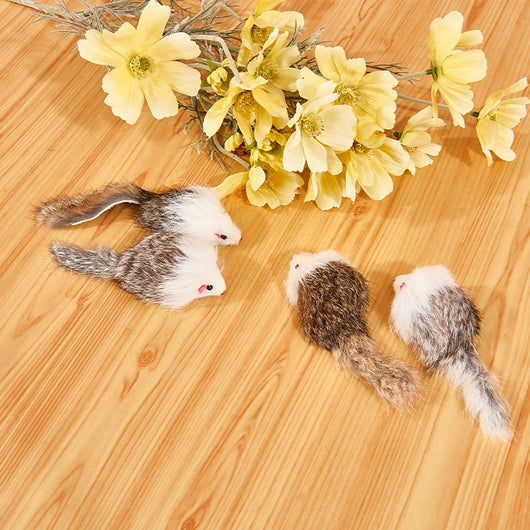 Four furry cat mouse toys with white and brown fur, red noses, and black eyes on a white background. - Image 3