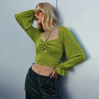 Blusa Crop Top con Mangas Abullonadas y Detalles Calados - Image 7