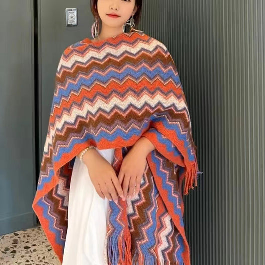 Rebozo Étnico Geométrico con Patrón Wave - Tejido Grueso y Cálido para Viajes - Image 9