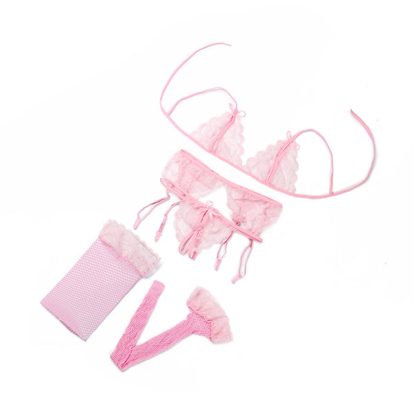 Conjunto de 4 Piezas: Liguero de Encaje, Medias de Malla y Ropa Interior Sensual