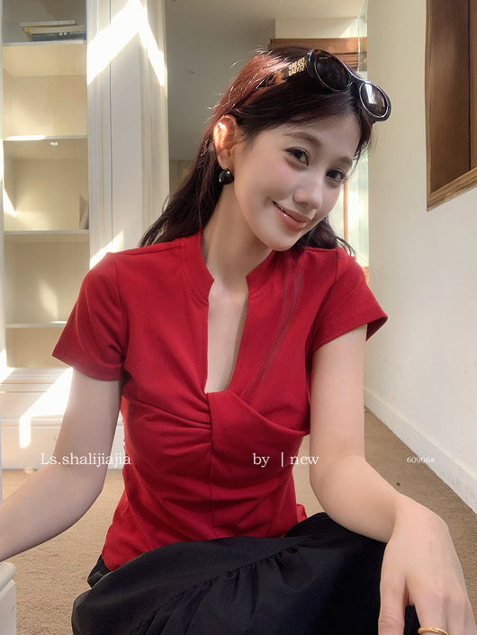 Blusa Básica Mujer con Nudo en V - Camiseta Versátil para Cualquier Ocasión - Image 13