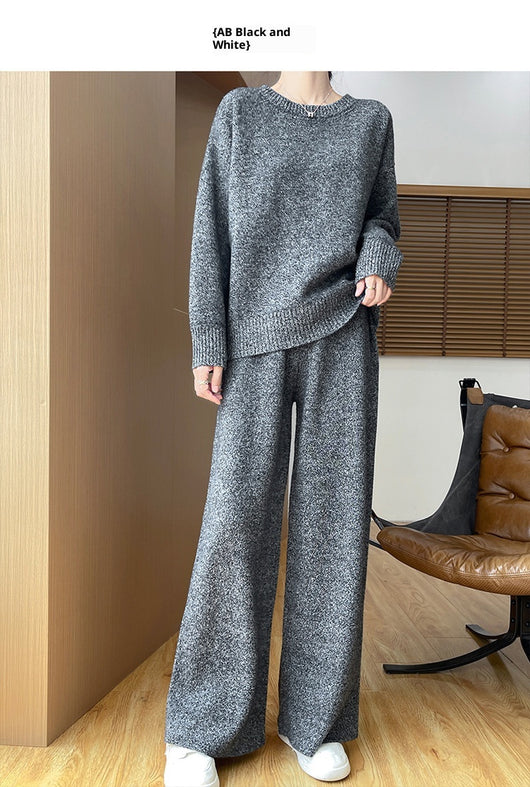 Conjunto de Abrigo Tejido Grueso Lana Australiana - Suéter Escote Redondo Estilo Occidental + Pantalón Recto - Image 16