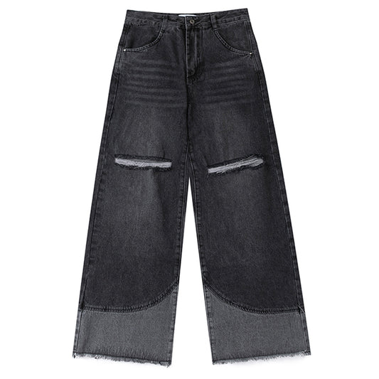 Pantalones Vaqueros Rectos Anchos Rotos con Flecos