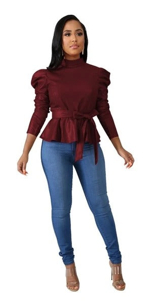 Blusa Cuello Alto Peplum en Cuero Genuino - Envío Gratis - Image 16