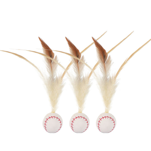 Three cat toys with pink balls and natural beige feathers, displayed on clear stands against a white background. - Image 11