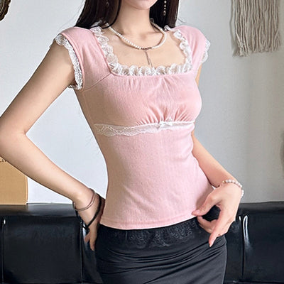 Blusa Elegante de Encaje con Cuello Cuadrado y Manga Corta - Image 7
