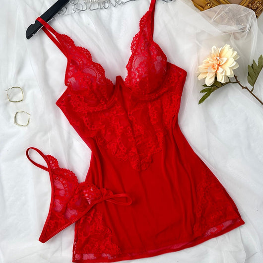 Pijama Sensual de Tul Transparente con Encaje y Recortes para Mujer