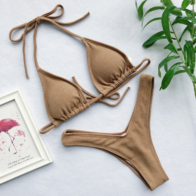 Khaki women's bikini set with a triangle top and high-cut thong bottoms, made from textured nylon fabric. - Image 2